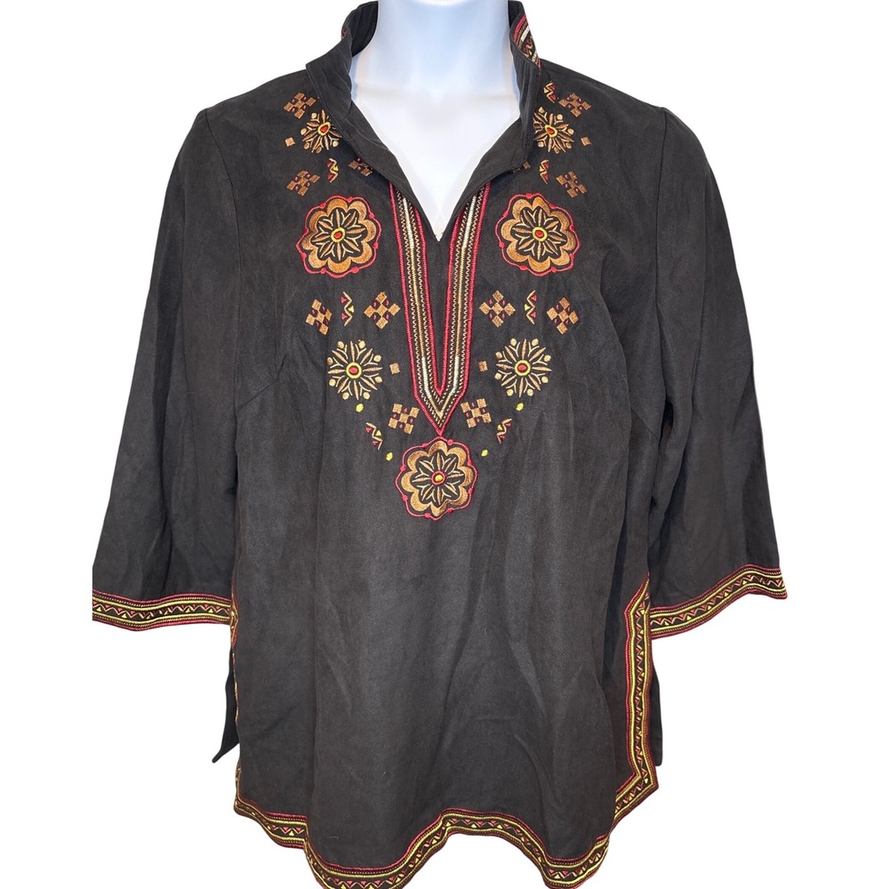 VTG Victor Costa Women Black Faux Suede Embroidered Tunic Top 1X‎ Excellent Boho